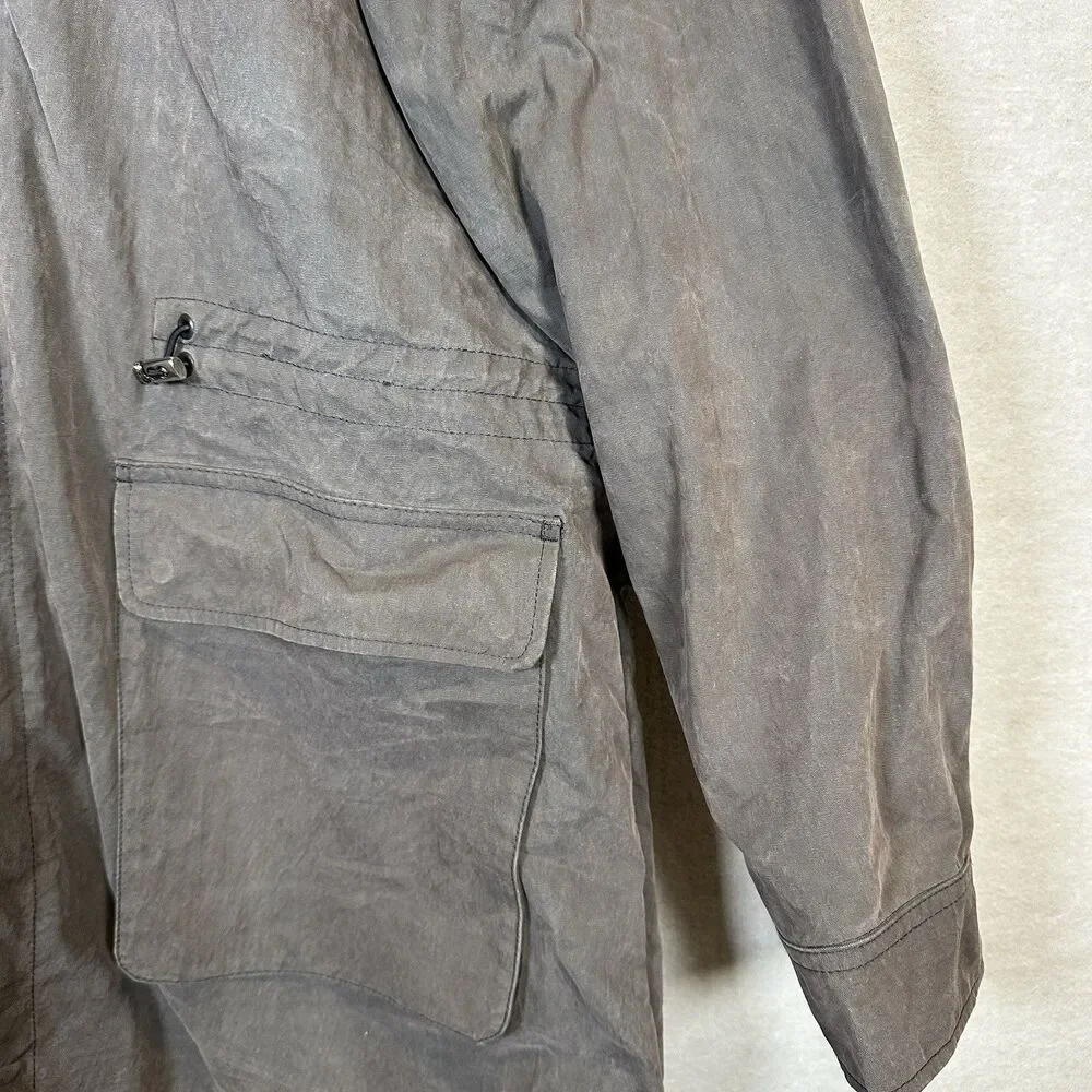 Pretty Green Gray Olive Button Hood Coat Parka Jacket Resin Coated Cargo Pockets
